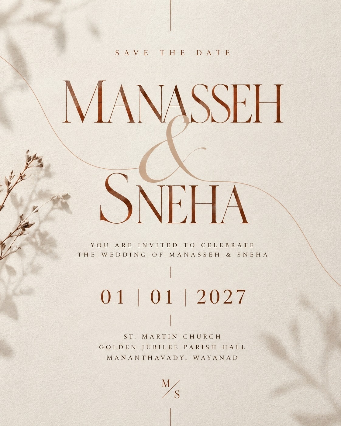 Save the date card for Manasseh and Sneha